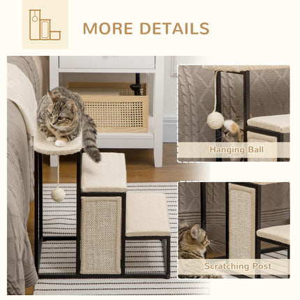 3-Step Cat Stairs with Sisal Scratching Board and Hanging Ball, Steel Frame - Cream White