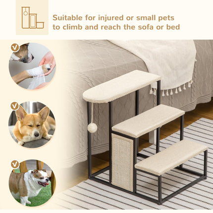 3-Step Cat Stairs with Sisal Scratching Board and Hanging Ball, Steel Frame - Cream White
