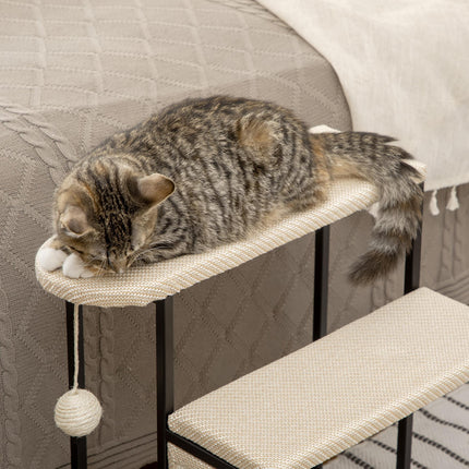 3-Step Cat Stairs with Sisal Scratching Board and Hanging Ball, Steel Frame - Cream White
