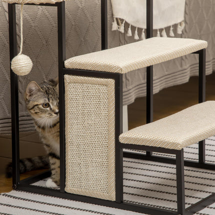 3-Step Cat Stairs with Sisal Scratching Board and Hanging Ball, Steel Frame - Cream White