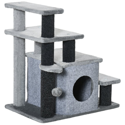 Adjustable Height 3-4 Step Cat Stairs with Detachable Cover & Hanging Ball for Bed or Sofa - Grey
