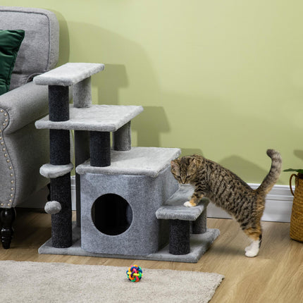Adjustable Height 3-4 Step Cat Stairs with Detachable Cover & Hanging Ball for Bed or Sofa - Grey