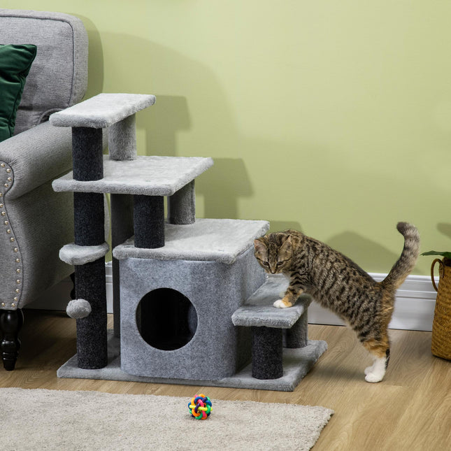 Adjustable Height 3-4 Step Cat Stairs with Detachable Cover & Hanging Ball for Bed or Sofa - Grey