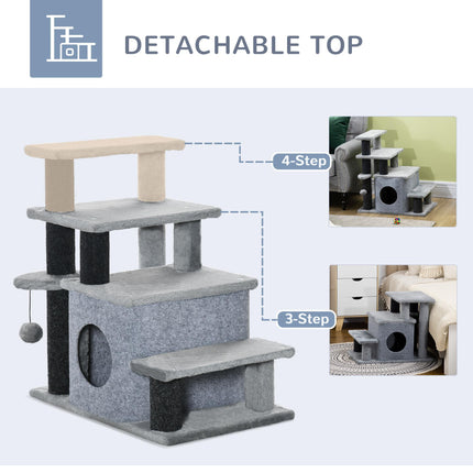Adjustable Height 3-4 Step Cat Stairs with Detachable Cover & Hanging Ball for Bed or Sofa - Grey