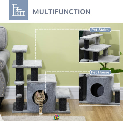 Adjustable Height 3-4 Step Cat Stairs with Detachable Cover & Hanging Ball for Bed or Sofa - Grey