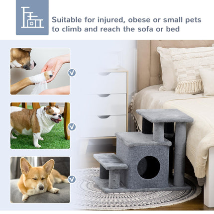 Adjustable Height 3-4 Step Cat Stairs with Detachable Cover & Hanging Ball for Bed or Sofa - Grey