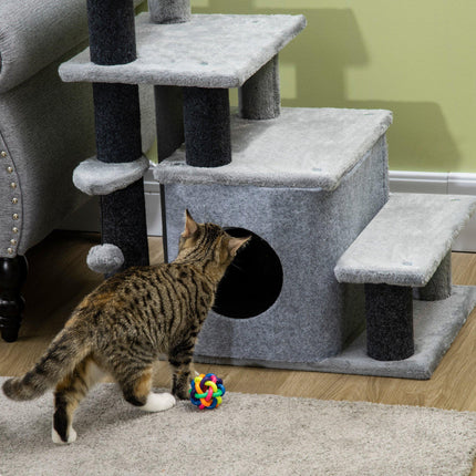 Adjustable Height 3-4 Step Cat Stairs with Detachable Cover & Hanging Ball for Bed or Sofa - Grey