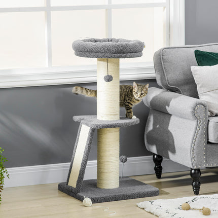 Cat Tree Tower with Scratching Posts, Bed, Toy Ball for Cats under 6 Kg - Dark Grey & Beige
