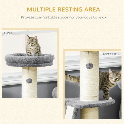 Cat Tree Tower with Scratching Posts, Bed, Toy Ball for Cats under 6 Kg - Dark Grey & Beige