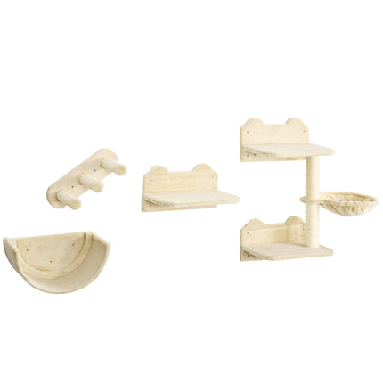 4PC Wall-Mounted Cat Climbing Shelf Set with Hammock, Nest & Scratching Post - Beige