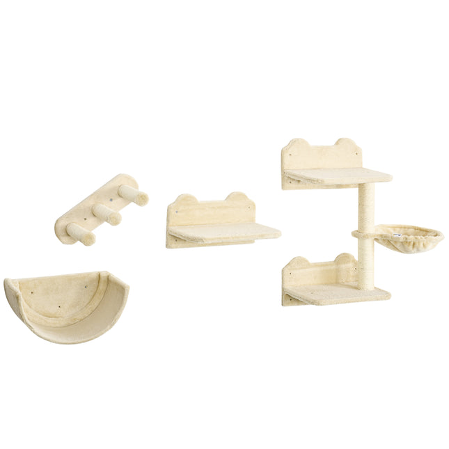 4PC Wall-Mounted Cat Climbing Shelf Set with Hammock, Nest & Scratching Post - Beige