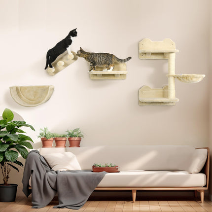 4PC Wall-Mounted Cat Climbing Shelf Set with Hammock, Nest & Scratching Post - Beige