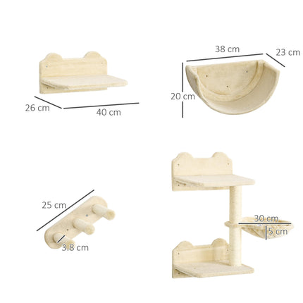 4PC Wall-Mounted Cat Climbing Shelf Set with Hammock, Nest & Scratching Post - Beige