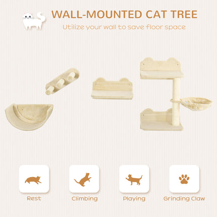 4PC Wall-Mounted Cat Climbing Shelf Set with Hammock, Nest & Scratching Post - Beige