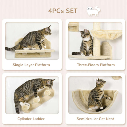 4PC Wall-Mounted Cat Climbing Shelf Set with Hammock, Nest & Scratching Post - Beige
