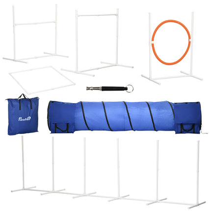 6-Piece Dog Agility Training Set with 3m Tunnel, Whistle, Pause Box, Jumps & Weave Poles - Multicolour