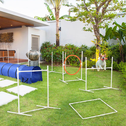 6-Piece Dog Agility Training Set with 3m Tunnel, Whistle, Pause Box, Jumps & Weave Poles - Multicolour