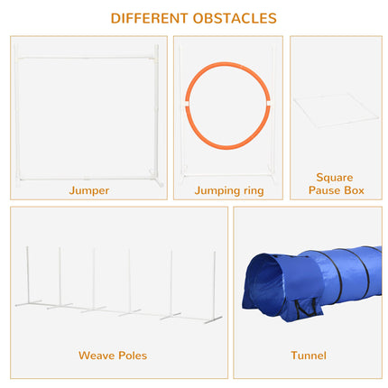 6-Piece Dog Agility Training Set with 3m Tunnel, Whistle, Pause Box, Jumps & Weave Poles - Multicolour