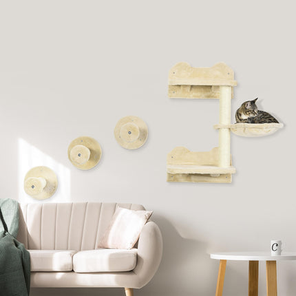 4PC Wall-Mounted Cat Shelf Set with Hammock, Steps & Scratching Post - Beige