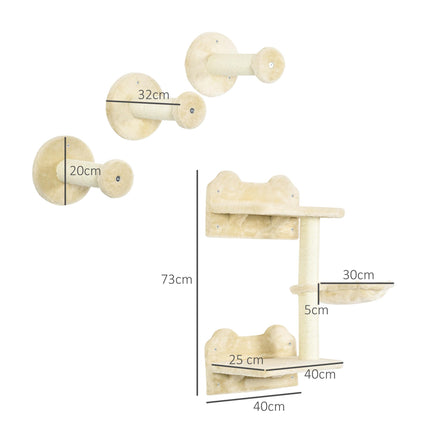4PC Wall-Mounted Cat Shelf Set with Hammock, Steps & Scratching Post - Beige