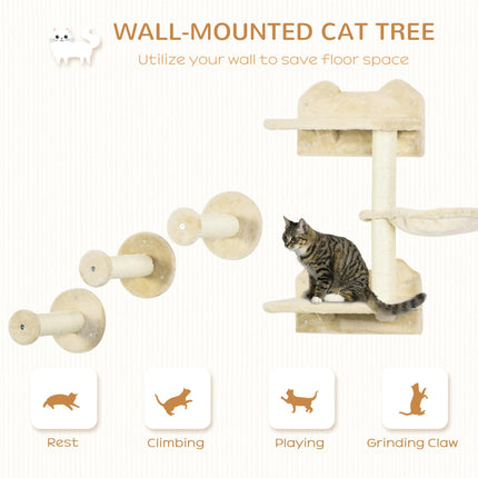 4PC Wall-Mounted Cat Shelf Set with Hammock, Steps & Scratching Post - Beige