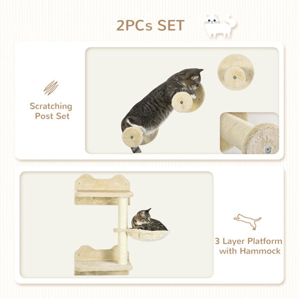 4PC Wall-Mounted Cat Shelf Set with Hammock, Steps & Scratching Post - Beige