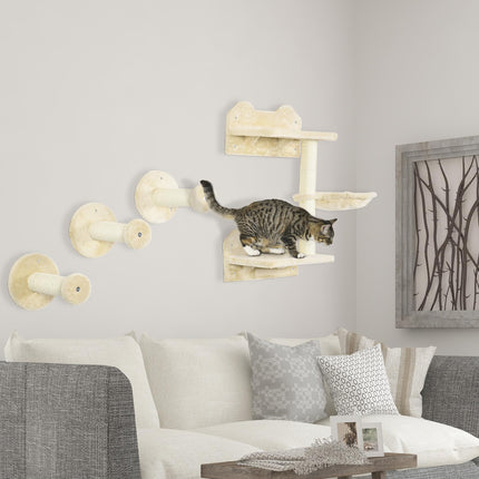 4PC Wall-Mounted Cat Shelf Set with Hammock, Steps & Scratching Post - Beige