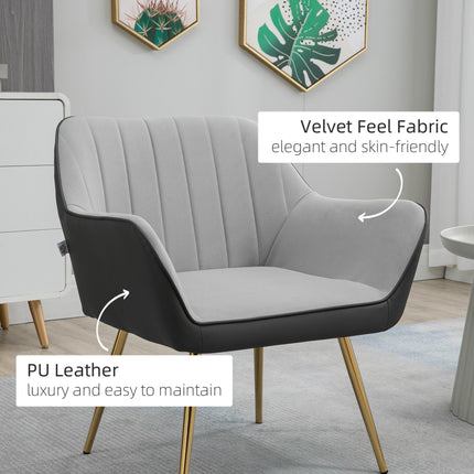 Modern Velvet Armchair with Gold Steel Legs - Light Grey