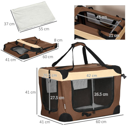 60cm Foldable Pet Carrier with Cushion for Miniature Dogs and Cats - Brown