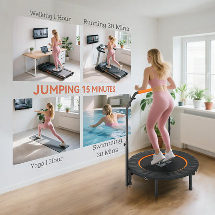 40'' Foldable Mini Fitness Trampoline with Adjustable Foam Handle for Cardio Training - Black and Orange