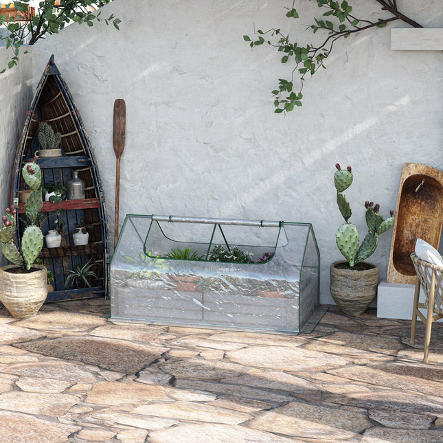 Raised Garden Bed with Greenhouse Cover, Steel Planter Box with Roll-Up Window - Clear