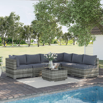 7 Pieces Outdoor PE Rattan Corner Sofa Set, Patio Wicker Conversation Chaise Lou