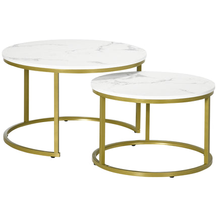 Set of 2 Round Nesting Coffee Tables with Faux Marble Top and Metal Frame - White