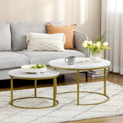 Set of 2 Round Nesting Coffee Tables with Faux Marble Top and Metal Frame - White