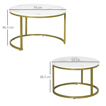 Set of 2 Round Nesting Coffee Tables with Faux Marble Top and Metal Frame - White