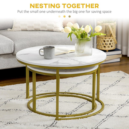 Set of 2 Round Nesting Coffee Tables with Faux Marble Top and Metal Frame - White