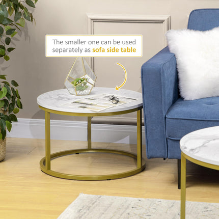 Set of 2 Round Nesting Coffee Tables with Faux Marble Top and Metal Frame - White