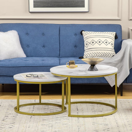 Set of 2 Round Nesting Coffee Tables with Faux Marble Top and Metal Frame - White