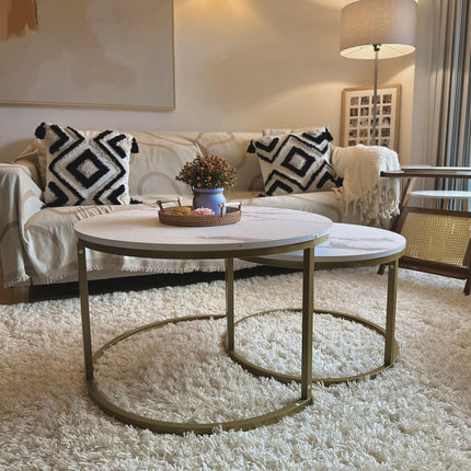 Set of 2 Round Nesting Coffee Tables with Faux Marble Top and Metal Frame - White