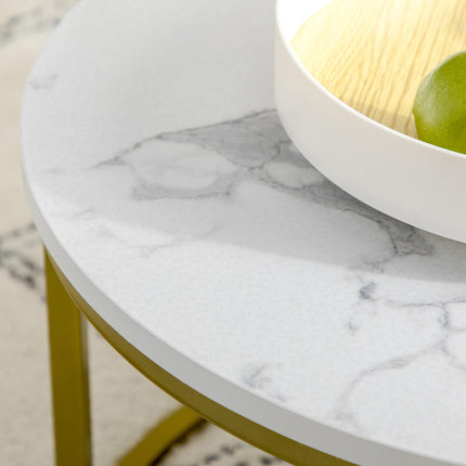 Set of 2 Round Nesting Coffee Tables with Faux Marble Top and Metal Frame - White