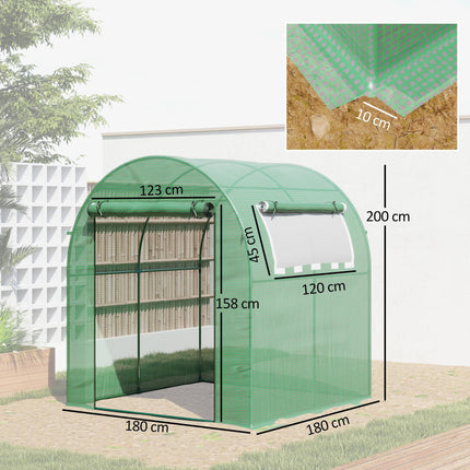 1.8m Walk-In Polytunnel Greenhouse with Roll-Up Door & Window - Green