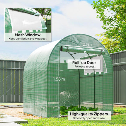 1.8m Walk-In Polytunnel Greenhouse with Roll-Up Door & Window - Green