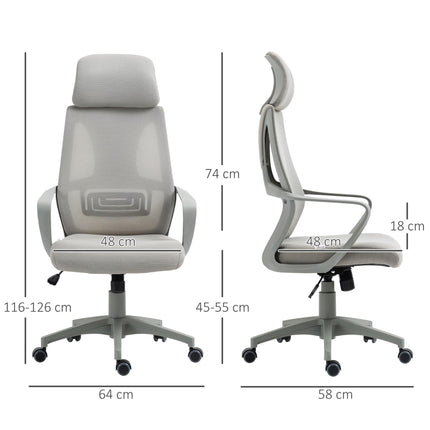 Ergonomic Adjustable Height Office Chair with High Mesh Back and Wheels - Grey