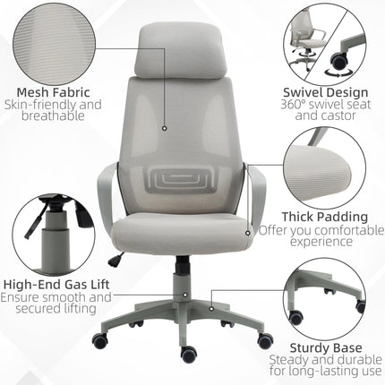 Ergonomic Adjustable Height Office Chair with High Mesh Back and Wheels - Grey