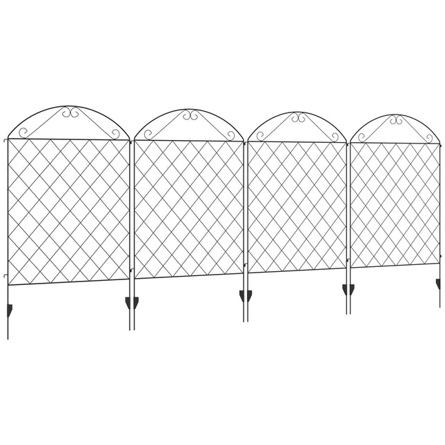 Set of 4 Rustproof Metal Garden Fence Panels with Decorative Swirls 3.5m Length - Black
