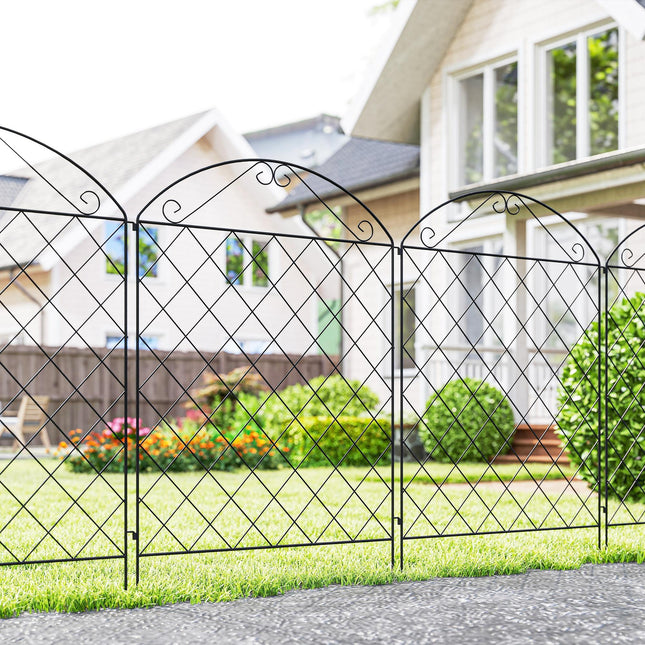Set of 4 Rustproof Metal Garden Fence Panels with Decorative Swirls 3.5m Length - Black