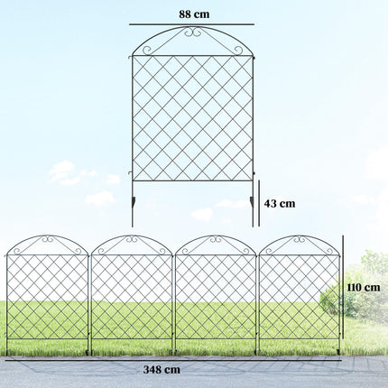 Set of 4 Rustproof Metal Garden Fence Panels with Decorative Swirls 3.5m Length - Black