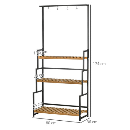 3 Tier Plant Stand with Hanging Hooks and Wooden Shelves - Black Steel Frame
