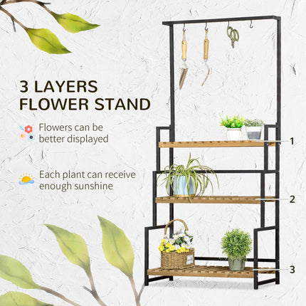 3 Tier Plant Stand with Hanging Hooks and Wooden Shelves - Black Steel Frame