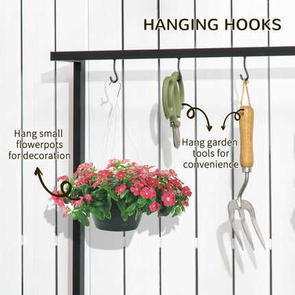 3 Tier Plant Stand with Hanging Hooks and Wooden Shelves - Black Steel Frame